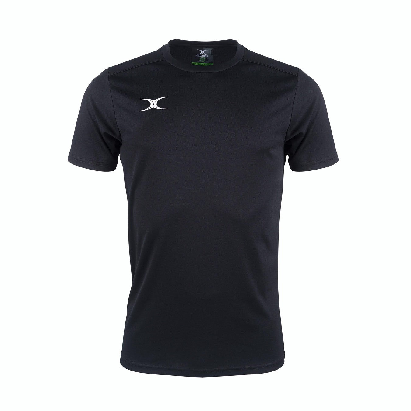 The Gilbert Photon II T-shirt by Gilbert is a high-performance black training tee with a subtle white logo on the left chest, shown on a white background—ideal athletic wear for any workout.