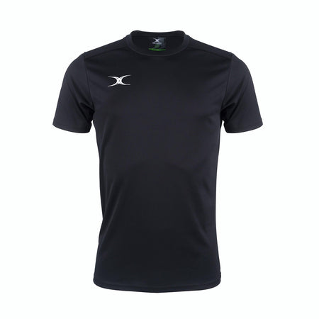 The Gilbert Photon II T-shirt by Gilbert is a high-performance black training tee with a subtle white logo on the left chest, shown on a white background—ideal athletic wear for any workout.