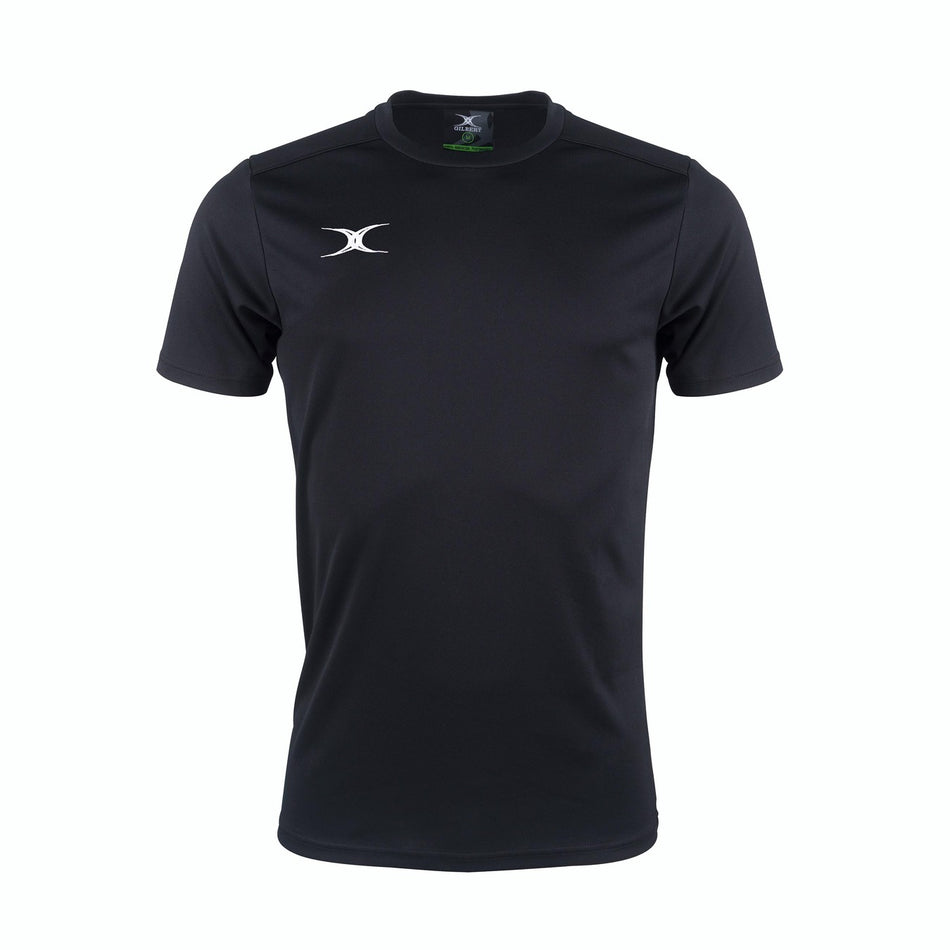The Gilbert Photon II T-shirt by Gilbert is a high-performance black training tee with a subtle white logo on the left chest, shown on a white background—ideal athletic wear for any workout.