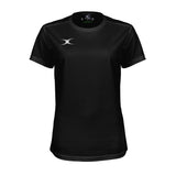 The Gilbert Womens Photon II T-Shirt in black features a white crescent logo on the upper left chest—ideal for high performance sportswear. Brand: Gilbert.