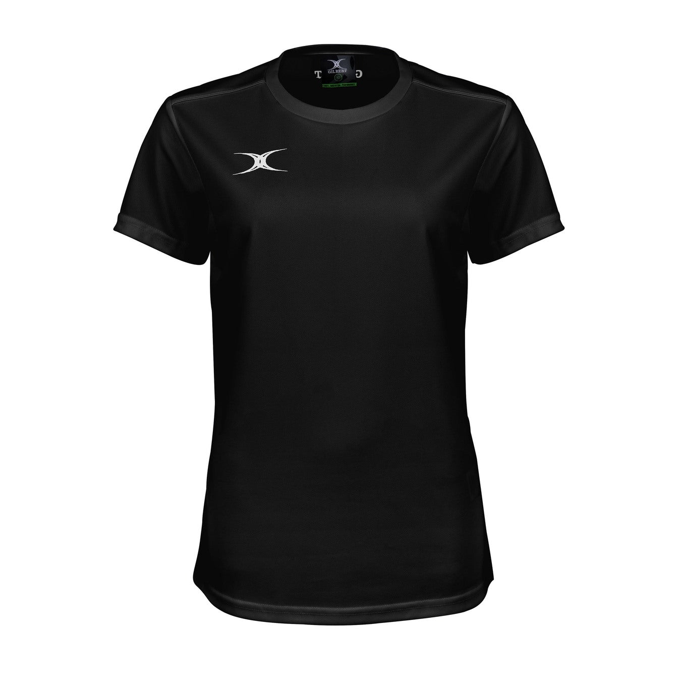 The Gilbert Womens Photon II T-Shirt in black features a white crescent logo on the upper left chest—ideal for high performance sportswear. Brand: Gilbert.