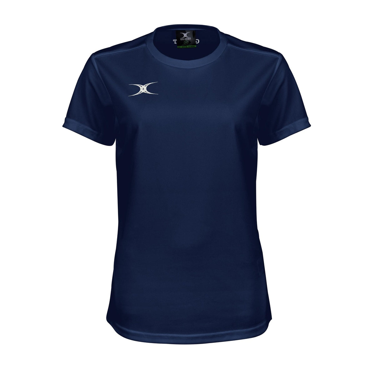 The Gilbert Womens Photon II T-Shirt in Dark Navy features short sleeves and a small white logo on the left chest—perfect for high-performance sportswear or women’s rugby, shown on a white background.