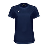 The Gilbert Womens Photon II T-Shirt in Dark Navy features short sleeves and a small white logo on the left chest—perfect for high-performance sportswear or women’s rugby, shown on a white background.