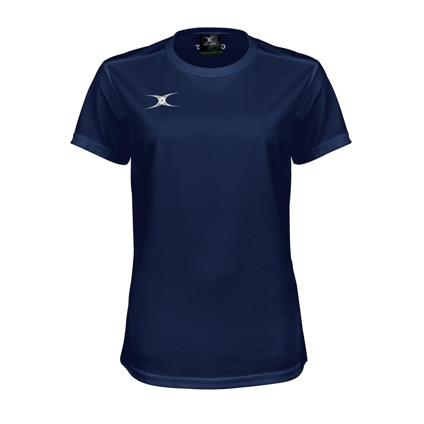 The Gilbert Womens Photon II T-Shirt in Dark Navy features short sleeves and a small white logo on the left chest—perfect for high-performance sportswear or women’s rugby, shown on a white background.
