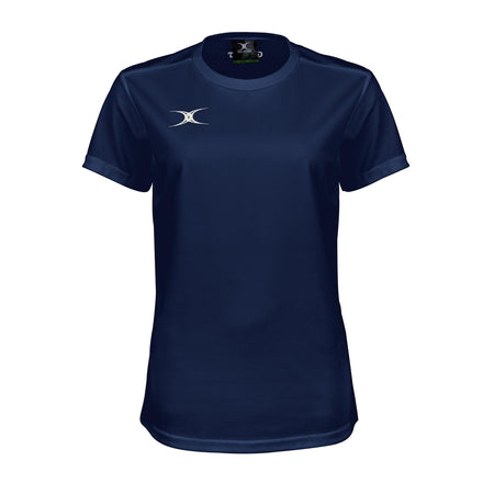 The Gilbert Womens Photon II T-Shirt in Dark Navy features short sleeves and a small white logo on the left chest—perfect for high-performance sportswear or women’s rugby, shown on a white background.