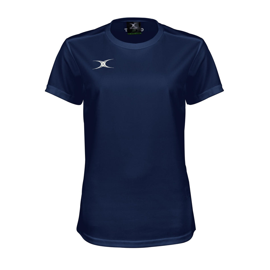 The Gilbert Womens Photon II T-Shirt in Dark Navy features short sleeves and a small white logo on the left chest—perfect for high-performance sportswear or women’s rugby, shown on a white background.
