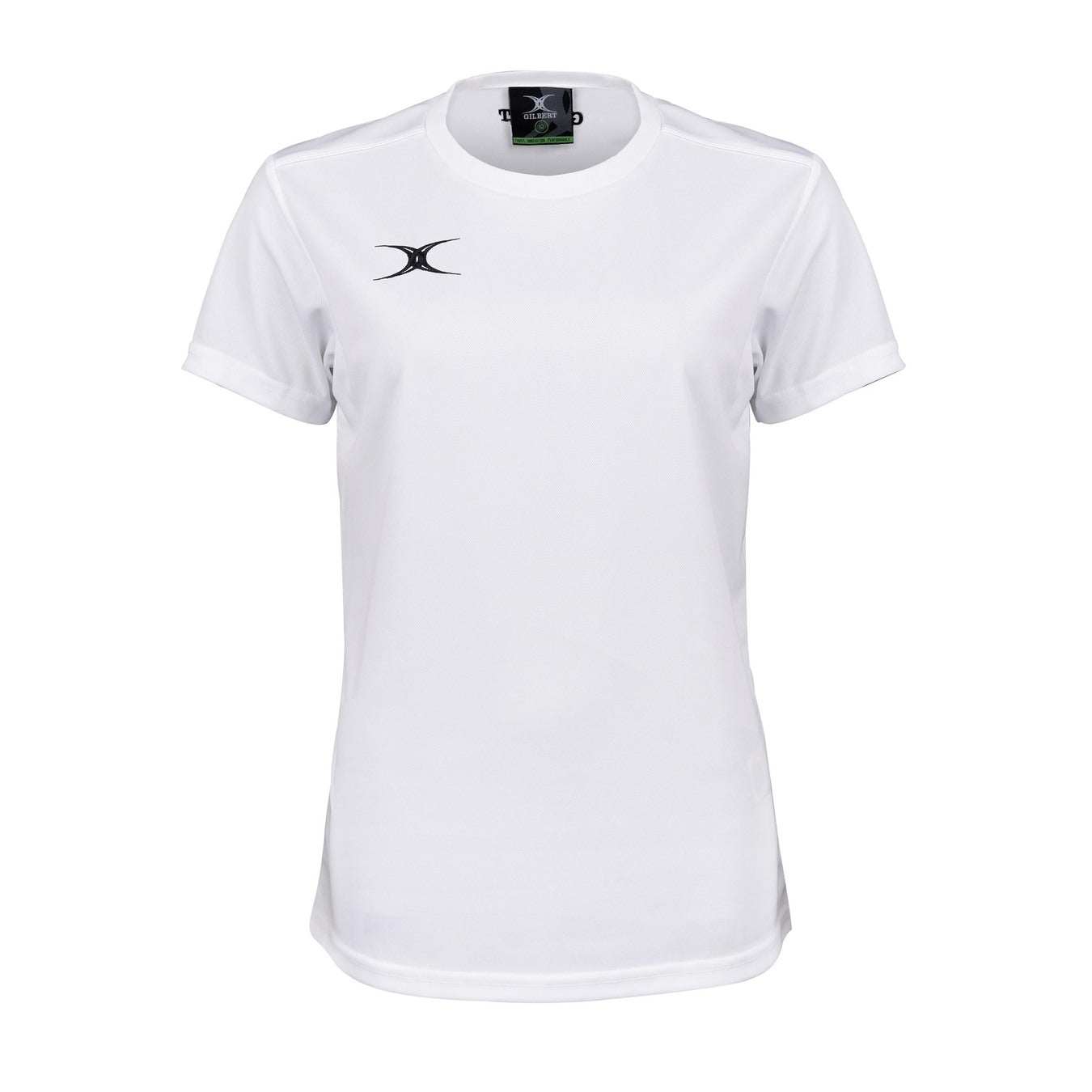 The Gilbert Womens Photon II T-Shirt is a white performance tee featuring a small black chest logo and collar tag, shown on a white background—perfect for those seeking high-performance sportswear from Gilbert.
