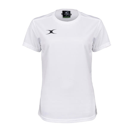 The Gilbert Womens Photon II T-Shirt is a white performance tee featuring a small black chest logo and collar tag, shown on a white background—perfect for those seeking high-performance sportswear from Gilbert.