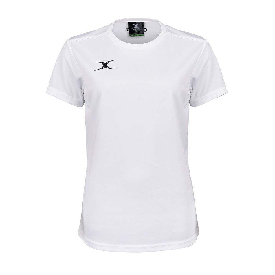 The Gilbert Womens Photon II T-Shirt is a white performance tee featuring a small black chest logo and collar tag, shown on a white background—perfect for those seeking high-performance sportswear from Gilbert.