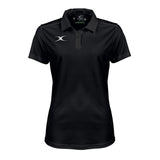 The Gilbert Womens Photon II Polo Shirt in black is a short-sleeved polo with a collar and three buttons, featuring a small white logo—an essential women’s rugby performance shirt from Gilbert.
