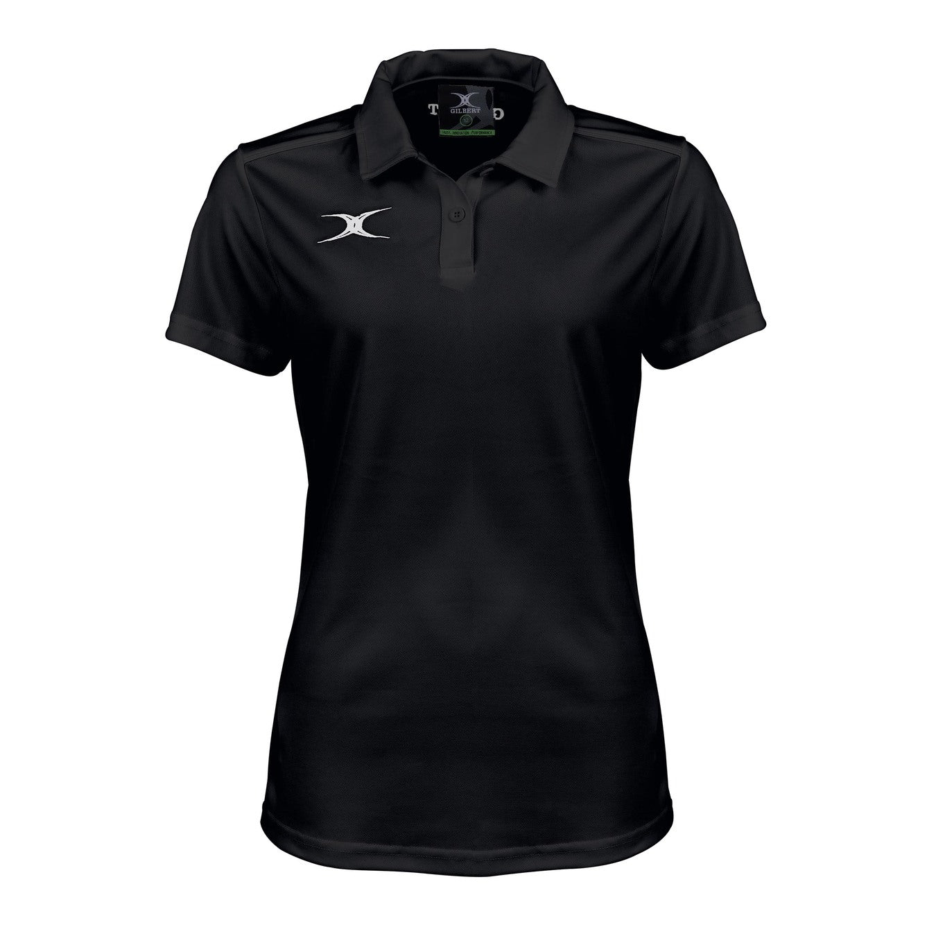 The Gilbert Womens Photon II Polo Shirt in black is a short-sleeved polo with a collar and three buttons, featuring a small white logo—an essential women’s rugby performance shirt from Gilbert.