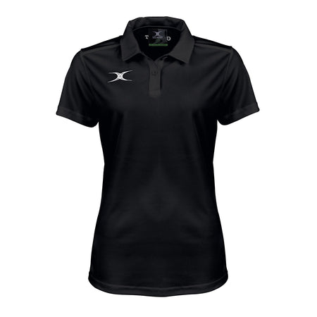 The Gilbert Womens Photon II Polo Shirt in black is a short-sleeved polo with a collar and three buttons, featuring a small white logo—an essential women’s rugby performance shirt from Gilbert.