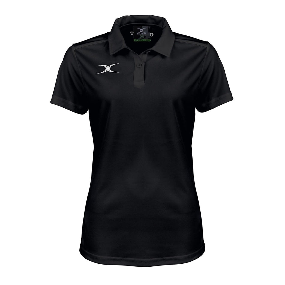 The Gilbert Womens Photon II Polo Shirt in black is a short-sleeved polo with a collar and three buttons, featuring a small white logo—an essential women’s rugby performance shirt from Gilbert.