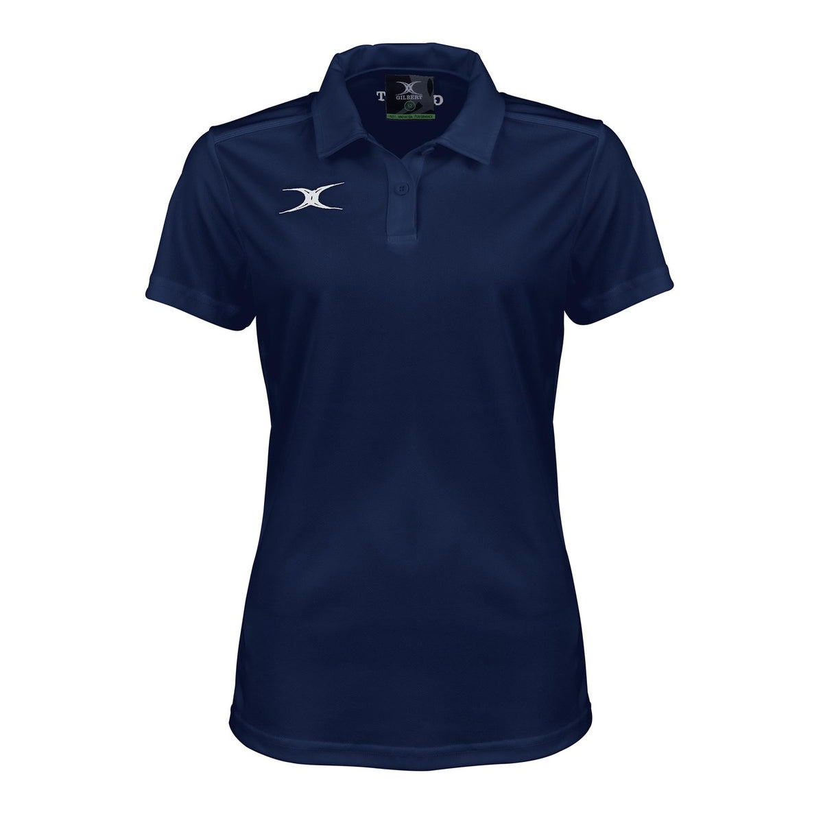 The Gilbert Womens Photon II Polo Shirt in Dark Navy features a collar, three-button placket, white embroidered logo on the left chest, and a women's fit—ideal for fans of quality Gilbert women’s rugby apparel.