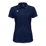 The Gilbert Womens Photon II Polo Shirt in Dark Navy features a collar, three-button placket, white embroidered logo on the left chest, and a women's fit—ideal for fans of quality Gilbert women’s rugby apparel.