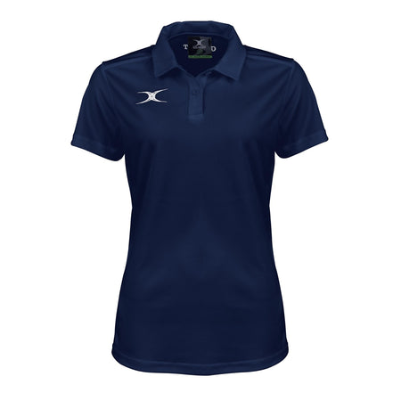 The Gilbert Womens Photon II Polo Shirt in Dark Navy features a collar, three-button placket, white embroidered logo on the left chest, and a women's fit—ideal for fans of quality Gilbert women’s rugby apparel.