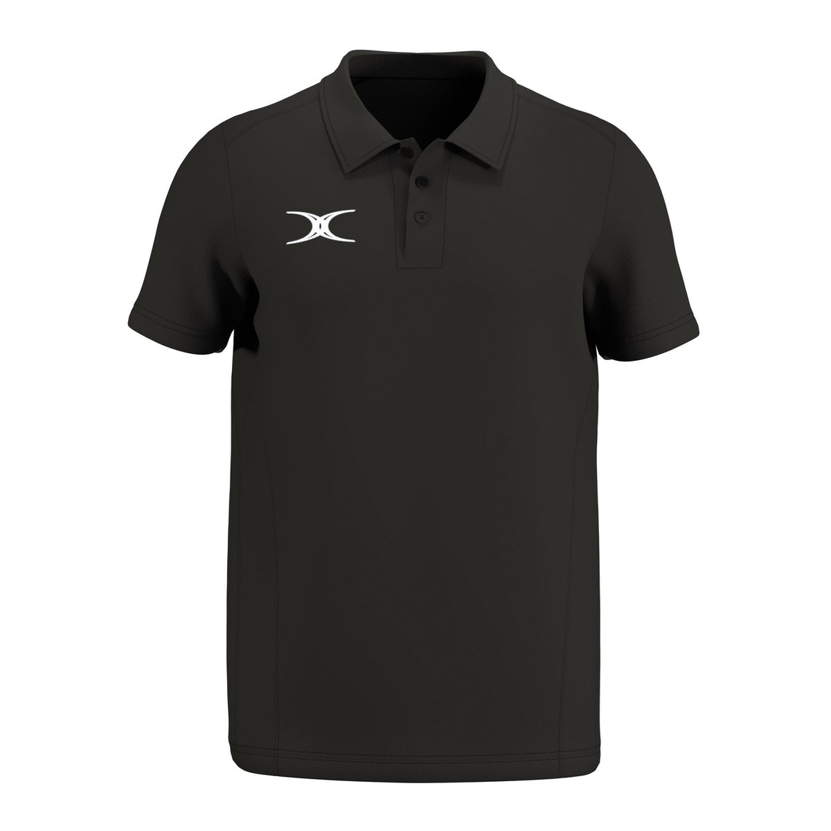 The Gilbert Atom Polo Shirt by Gilbert is a black short-sleeve, moisture-wicking polo with a three-button collar and a small white logo on the left chest. It features simple stitching and offers a comfortable, casual fit.
