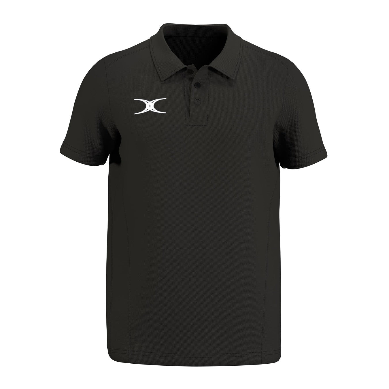 The Gilbert Atom Polo Shirt by Gilbert is a black short-sleeve, moisture-wicking polo with a three-button collar and a small white logo on the left chest. It features simple stitching and offers a comfortable, casual fit.