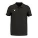The Gilbert Atom Polo Shirt by Gilbert is a black short-sleeve, moisture-wicking polo with a three-button collar and a small white logo on the left chest. It features simple stitching and offers a comfortable, casual fit.