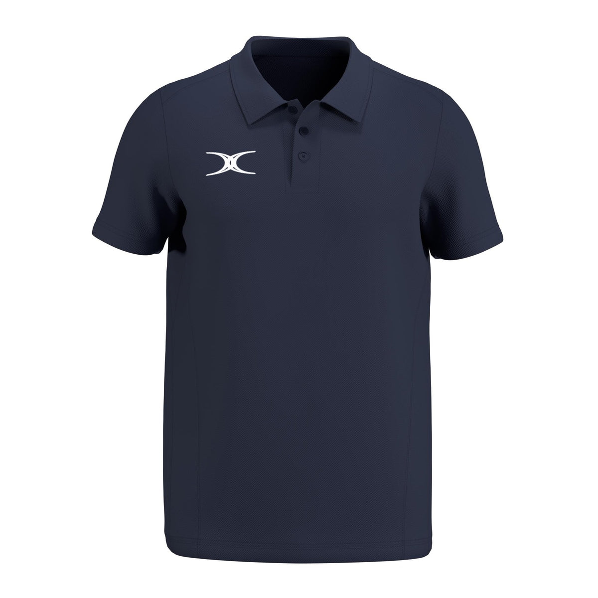 The Gilbert Atom Polo Shirt by Gilbert is a navy blue, short-sleeved polo made from recycled polyester. It features a collar, three buttons, a small white logo on the left chest, and has a casual fit with no visible patterns.