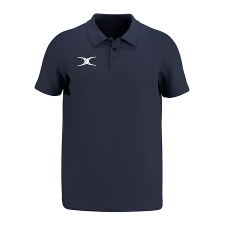 The Gilbert Atom Polo Shirt by Gilbert is a navy blue, short-sleeved polo made from recycled polyester. It features a collar, three buttons, a small white logo on the left chest, and has a casual fit with no visible patterns.