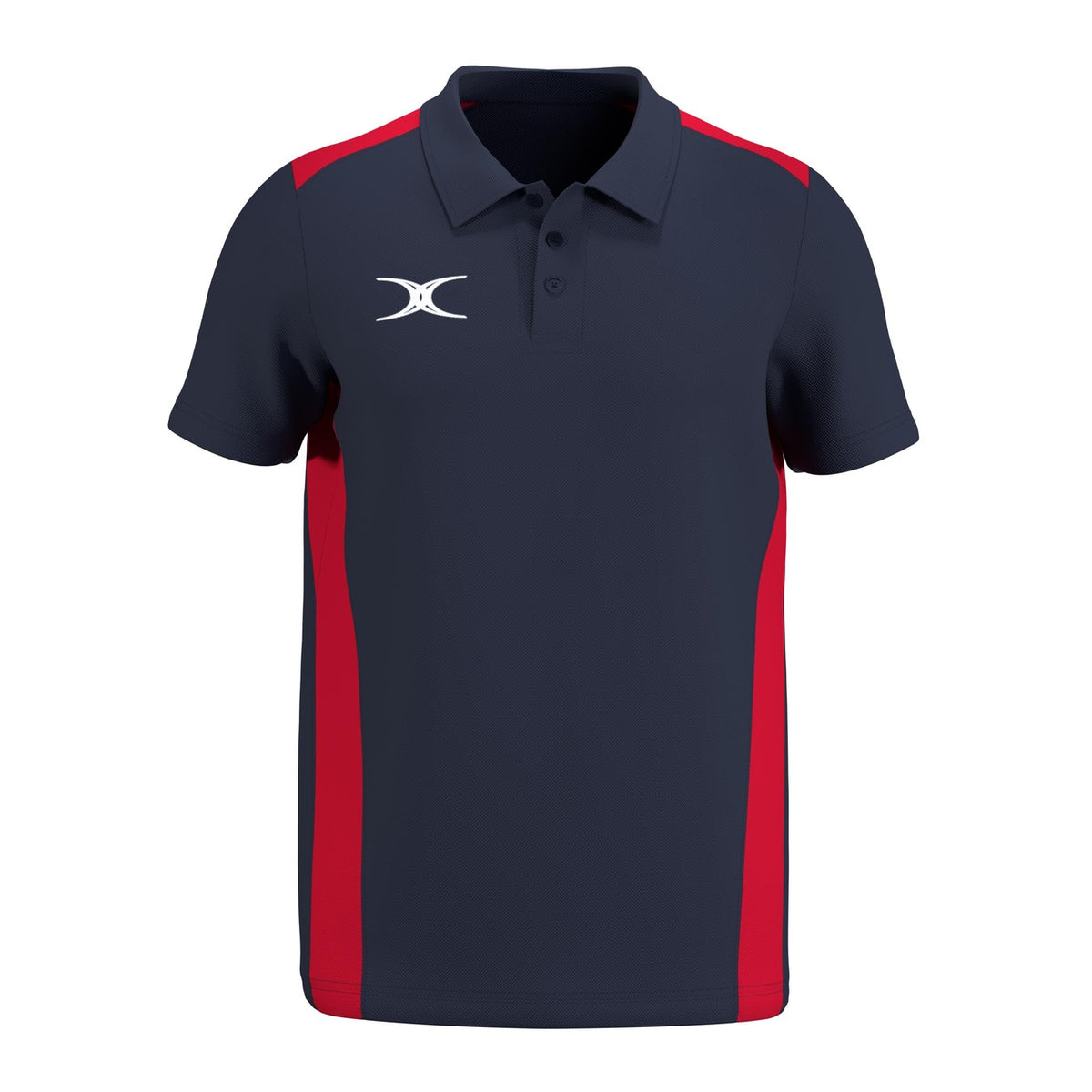 The Gilbert Atom Polo Shirt by Gilbert features a navy blue short-sleeve casual fit with red side panels, a buttoned collar, and a white abstract logo on the left chest. Made from recycled polyester for comfort and sustainability.