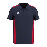 The Gilbert Atom Polo Shirt by Gilbert features a navy blue short-sleeve casual fit with red side panels, a buttoned collar, and a white abstract logo on the left chest. Made from recycled polyester for comfort and sustainability.