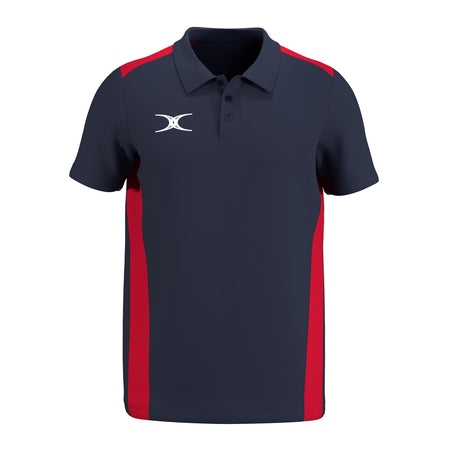 The Gilbert Atom Polo Shirt by Gilbert features a navy blue short-sleeve casual fit with red side panels, a buttoned collar, and a white abstract logo on the left chest. Made from recycled polyester for comfort and sustainability.