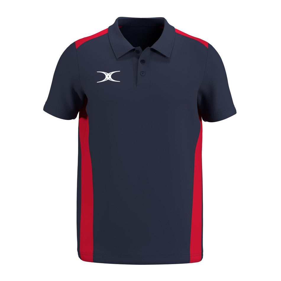 The Gilbert Atom Polo Shirt by Gilbert features a navy blue short-sleeve casual fit with red side panels, a buttoned collar, and a white abstract logo on the left chest. Made from recycled polyester for comfort and sustainability.