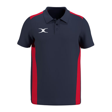 The Gilbert Atom Polo Shirt by Gilbert features a navy blue short-sleeve casual fit with red side panels, a buttoned collar, and a white abstract logo on the left chest. Made from recycled polyester for comfort and sustainability.