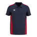 The Gilbert Atom Polo Shirt by Gilbert features a navy blue short-sleeve casual fit with red side panels, a buttoned collar, and a white abstract logo on the left chest. Made from recycled polyester for comfort and sustainability.