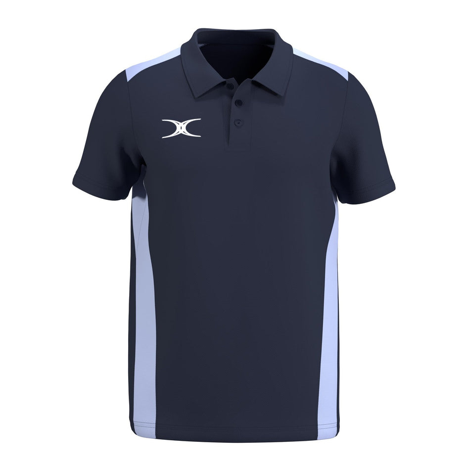 The Gilbert Atom Polo Shirt by Gilbert is a navy blue, short-sleeve polo with moisture-wicking fabric, light blue side panels, a collar, buttons, and a white stylized logo on the left chest for a modern look.