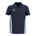 The Gilbert Atom Polo Shirt by Gilbert is a navy blue, short-sleeve polo with moisture-wicking fabric, light blue side panels, a collar, buttons, and a white stylized logo on the left chest for a modern look.