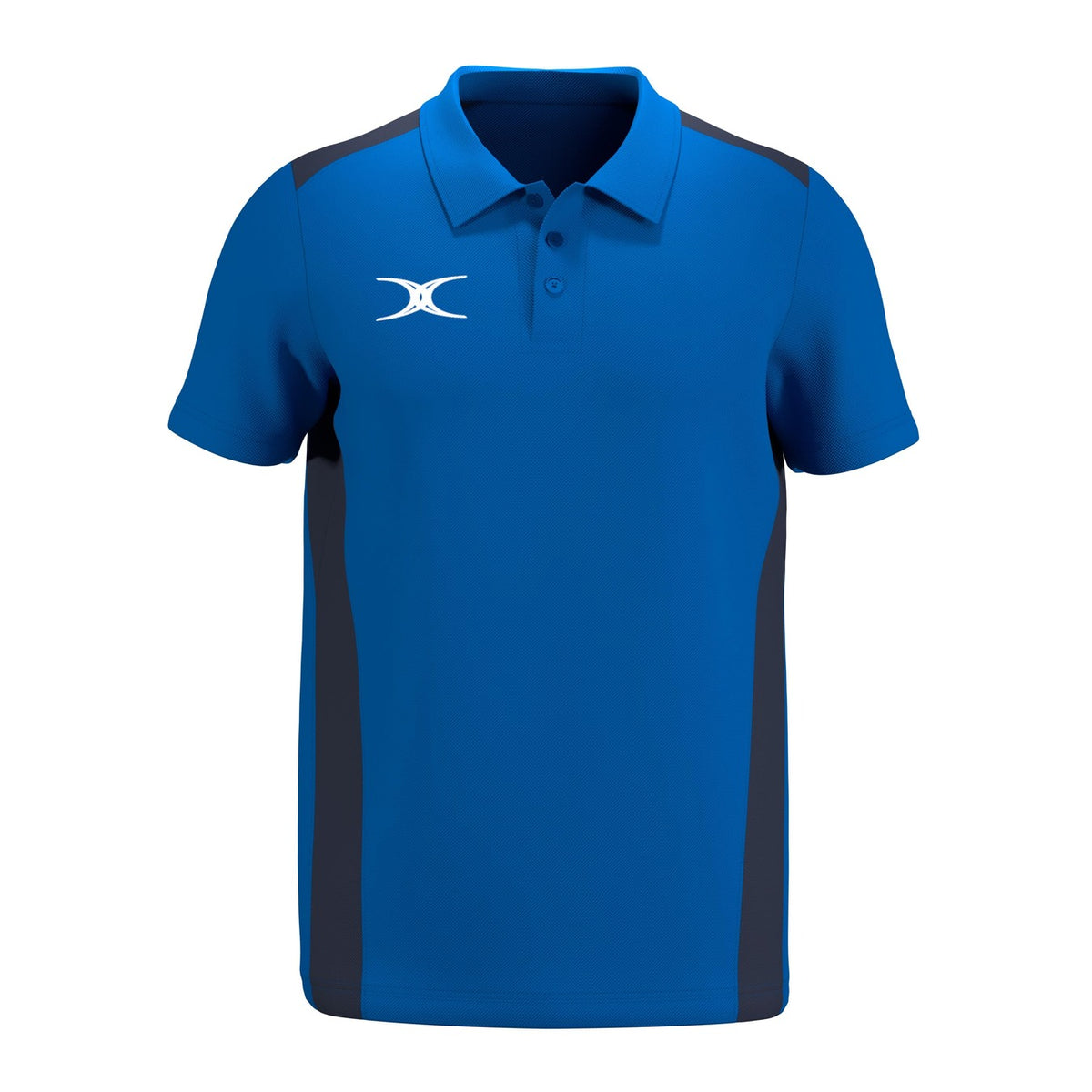 The Gilbert Atom Polo Shirt by Gilbert is a blue short-sleeve recycled polyester polo with black side panels, black shoulder accents, a white left chest logo, moisture-wicking fabric, a collar with three buttons, and a comfortable casual fit.