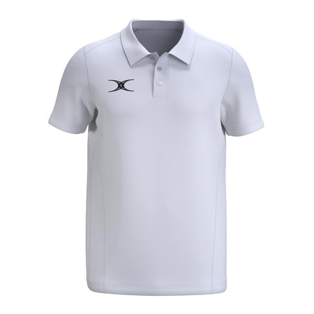 The Gilbert Atom Polo Shirt by Gilbert is a plain white, moisture-wicking short-sleeve polo with a collar, three buttons, and a small black logo on the left chest.