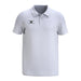The Gilbert Atom Polo Shirt by Gilbert is a plain white, moisture-wicking short-sleeve polo with a collar, three buttons, and a small black logo on the left chest.