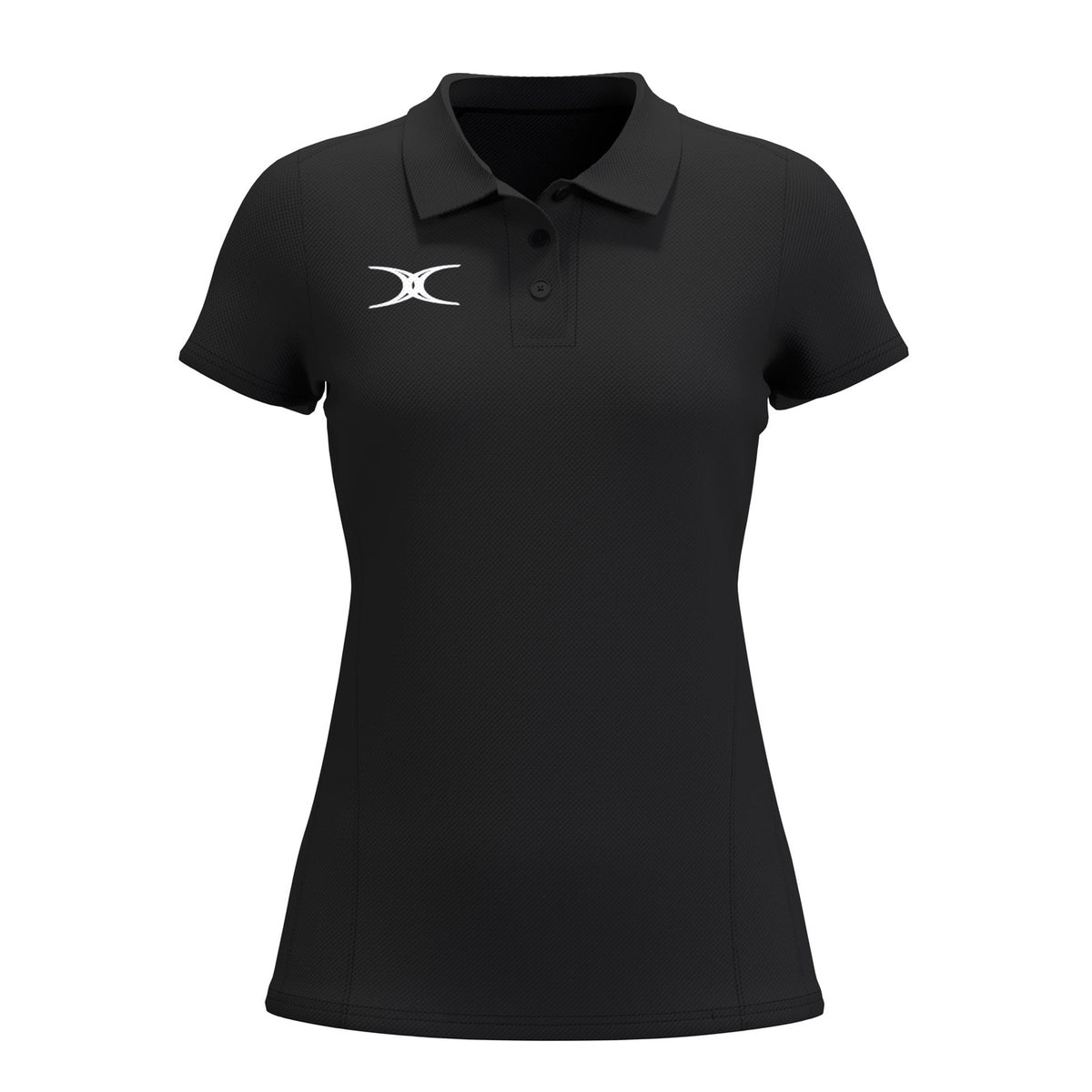The Gilbert Atom Polo - Womens by Gilbert is a black, fitted short-sleeve polo with a collar, three buttons, and a small white logo. Made from recycled polyester moisture-wicking fabric for casual comfort and style.