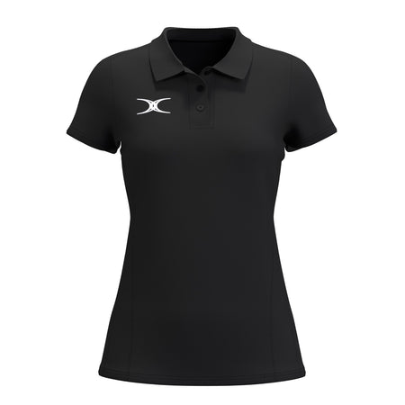 The Gilbert Atom Polo - Womens by Gilbert is a black, fitted short-sleeve polo with a collar, three buttons, and a small white logo. Made from recycled polyester moisture-wicking fabric for casual comfort and style.
