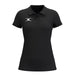 The Gilbert Atom Polo - Womens by Gilbert is a black, fitted short-sleeve polo with a collar, three buttons, and a small white logo. Made from recycled polyester moisture-wicking fabric for casual comfort and style.