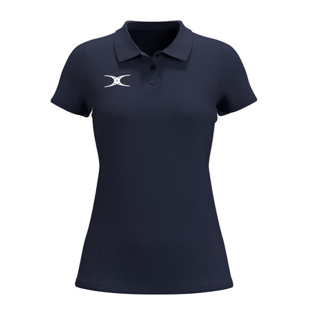 The Gilbert Atom Polo - Womens by Gilbert is a navy blue casual polo featuring short sleeves, a collar, three buttons, and a white left chest logo. Made from recycled polyester with moisture wicking, it’s shown on a plain white background.