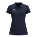 The Gilbert Atom Polo - Womens by Gilbert is a navy blue casual polo featuring short sleeves, a collar, three buttons, and a white left chest logo. Made from recycled polyester with moisture wicking, it’s shown on a plain white background.