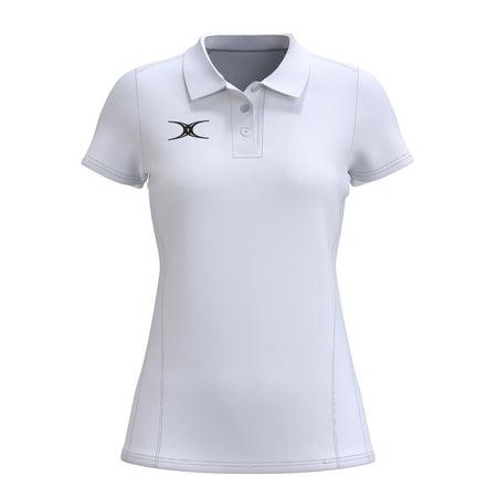 The Gilbert Atom Polo - Womens by Gilbert is a white, fitted casual polo with short sleeves, collar, three buttons, and moisture-wicking recycled polyester. It features subtle vertical stitching and a small black logo on the left chest.