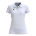The Gilbert Atom Polo - Womens by Gilbert is a white, fitted casual polo with short sleeves, collar, three buttons, and moisture-wicking recycled polyester. It features subtle vertical stitching and a small black logo on the left chest.
