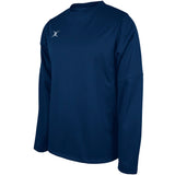 The Gilbert Pro Warm Up Top by Gilbert is a navy long-sleeve athletic shirt with a crew neckline and a small white chest logo, made from breathable stretch material. Displayed on a plain white background.