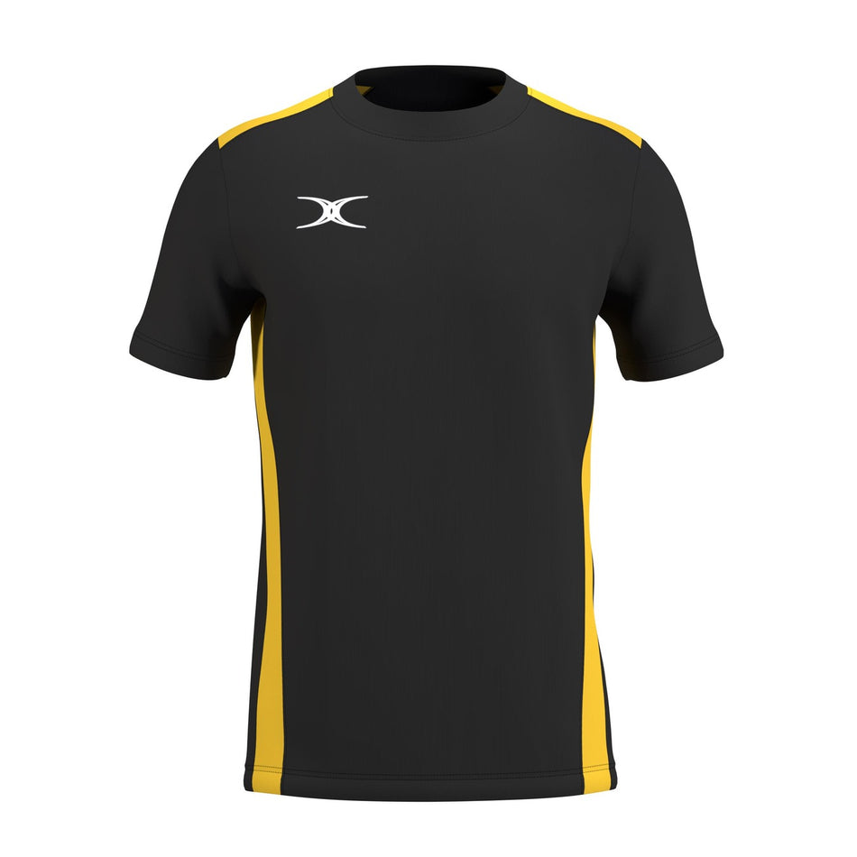 The Gilbert Atom Tee Shirt by Gilbert features a black/gold design with yellow side panels, yellow shoulder accents, a white left chest logo, crew neck, short sleeves, and is made from recycled polyester.