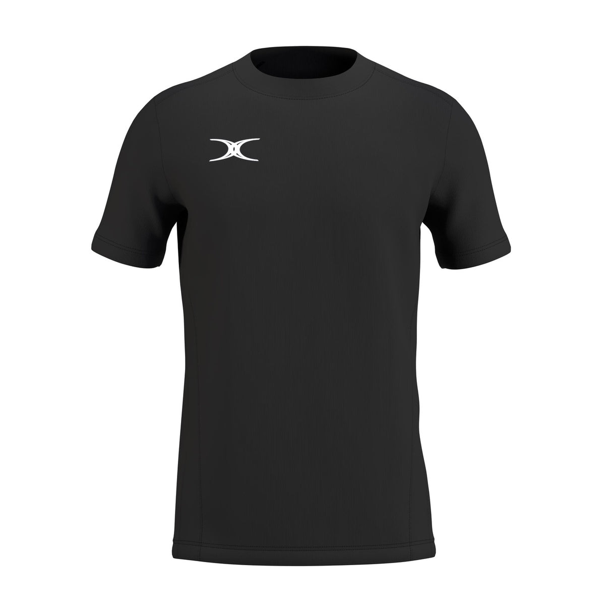 The Gilbert Atom Tee Shirt is a black moisture-wicking tee made from recycled polyester, featuring a white abstract logo on the left chest. Displayed on a white background. Brand: Gilbert.