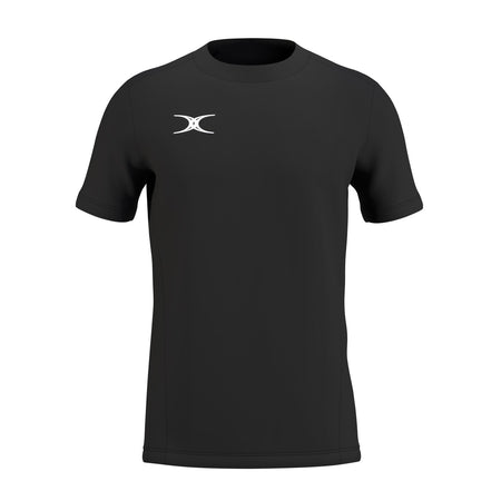 The Gilbert Atom Tee Shirt is a black moisture-wicking tee made from recycled polyester, featuring a white abstract logo on the left chest. Displayed on a white background. Brand: Gilbert.