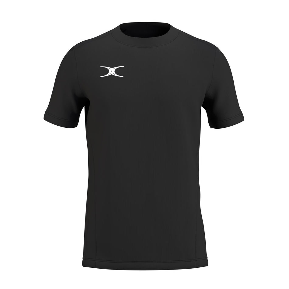 The Gilbert Atom Tee Shirt is a black moisture-wicking tee made from recycled polyester, featuring a white abstract logo on the left chest. Displayed on a white background. Brand: Gilbert.