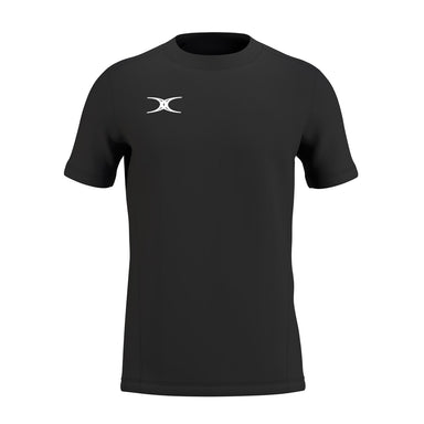 The Gilbert Atom Tee Shirt is a black moisture-wicking tee made from recycled polyester, featuring a white abstract logo on the left chest. Displayed on a white background. Brand: Gilbert.