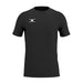 The Gilbert Atom Tee Shirt is a black moisture-wicking tee made from recycled polyester, featuring a white abstract logo on the left chest. Displayed on a white background. Brand: Gilbert.